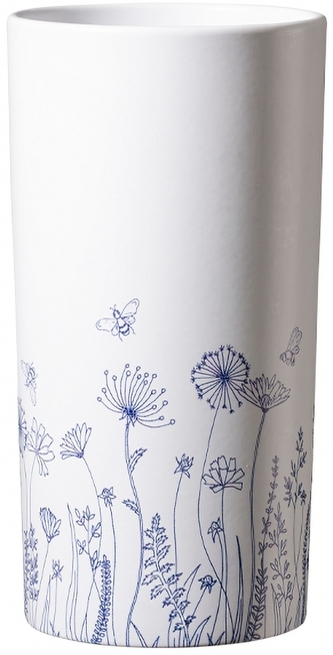 Bílá keramická váza s modrými květinami 11 x 21 cm