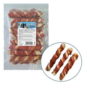 Tyč buvolí kroucená 2 barevná obalená kachním masem JUKO Snacks 12,5 cm (20 ks)