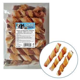 Tyč buvolí kroucená 2 barevná obalená kuřecím masem JUKO Snacks 12,5 cm (20 ks)