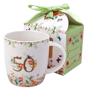 Kubek urodzinowy "50" w pudełku z kokardą