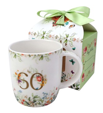 Kubek urodzinowy "60" w pudełku z kokardą