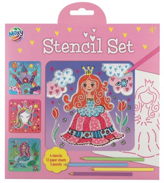 Sada šablon, 4ks, pastelky - princezna, jednorožec, mořská panna, zámek