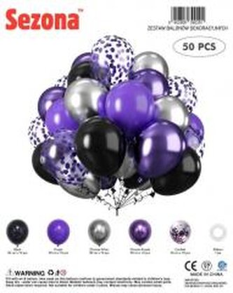 Balony czarne, fioletowe, konfetti 50szt