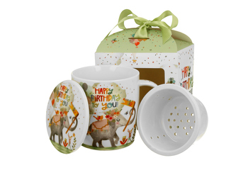 Kubek okazjonalny z zaparzaczem "HAPPY BIRTHDAY" w pudełku z kokardą