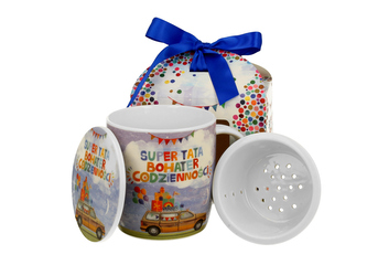 Kubek okazjonalny z zaparzaczem "SUPER TATA" w pudełku z kokardą