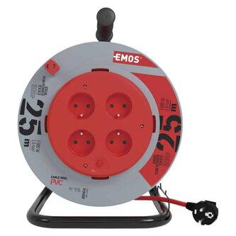 Kabel prodlužovací, 25m / 230V, cívka, 4 zásuvky, pevný střed