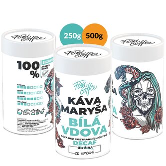 Káva Maryša – Bílá vdova, bezkofeinová káva – dárková káva zrnková / papírová tuba / 500 g