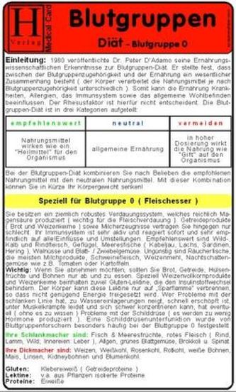 Blutgruppen Diät - Blutgruppe 0, Medical Card